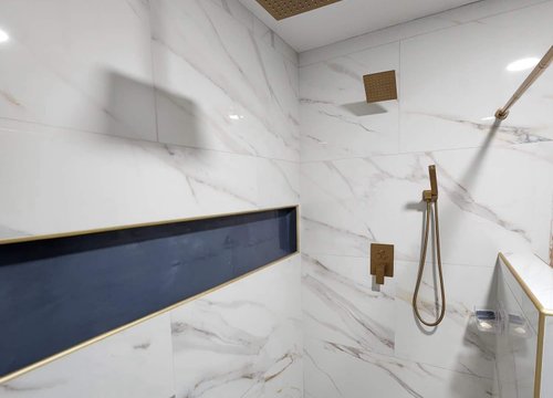 custom bathroom vanity paired with new tile floor