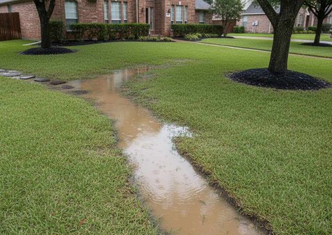 rainwater pooling in a Houston yard after a storm