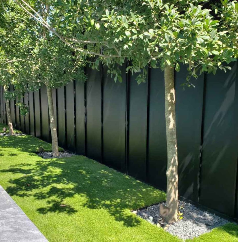 Black wood privacy fence with a young tree and lawn