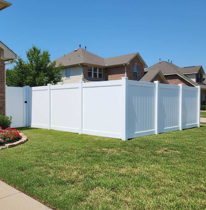 White vinyl privacy fence around a backyard