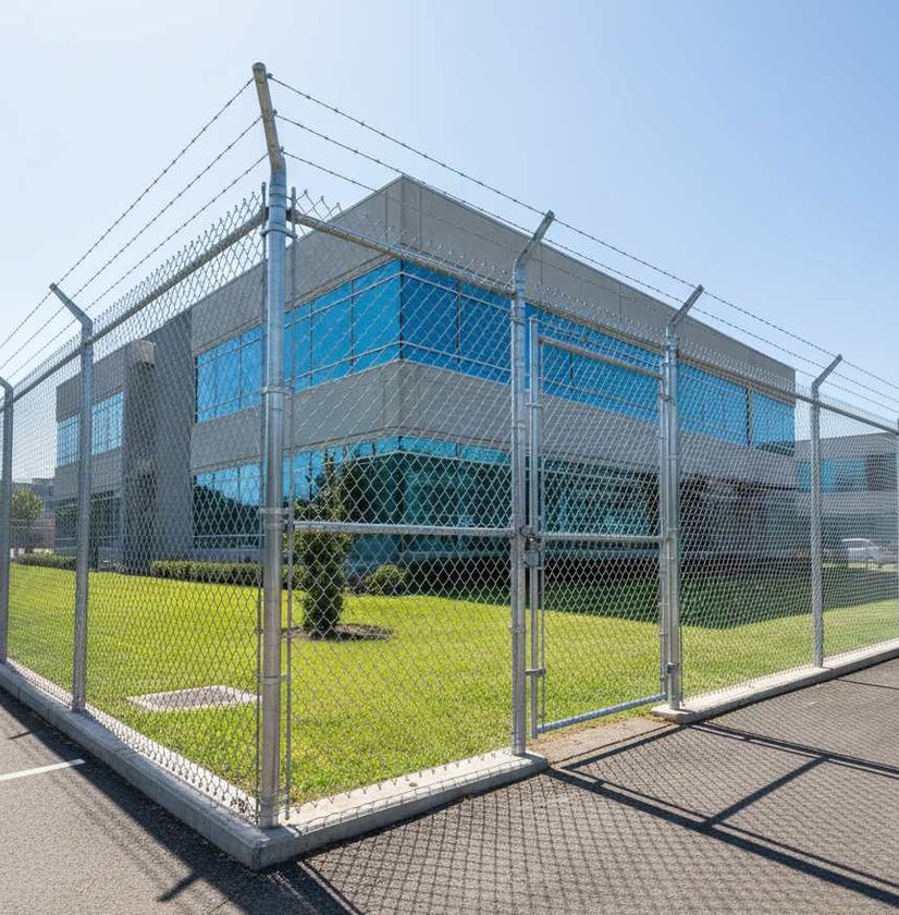 Chain link security fence around a commercial building