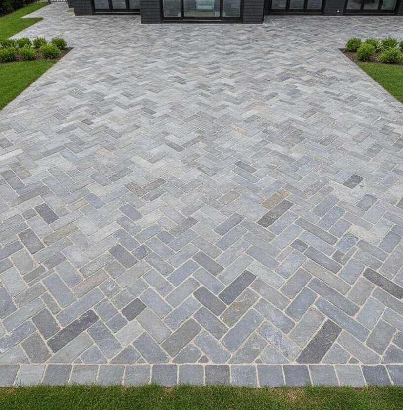 Gray herringbone paver driveway