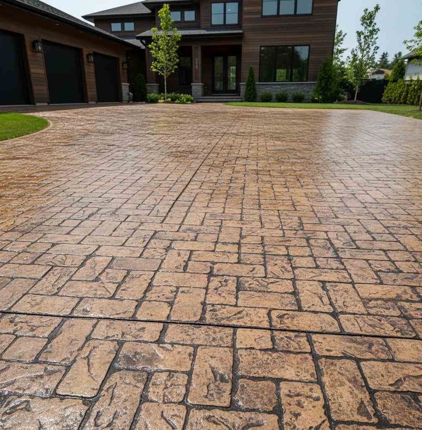 Stamped concrete driveway in front of a home