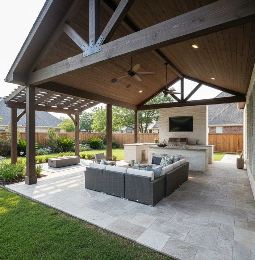 Covered patio with stone pavers and outdoor seating
