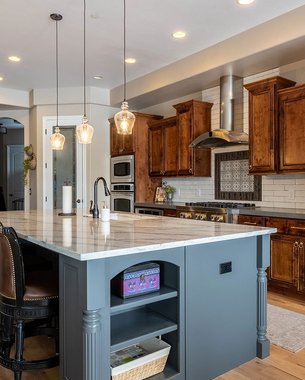 Houston kitchen project with painted blue-gray island cabinets