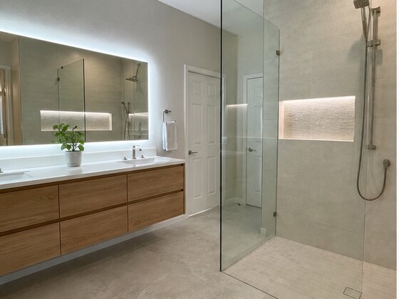 completed curbless primary bathroom remodel in Cross Creek Ranch Katy TX