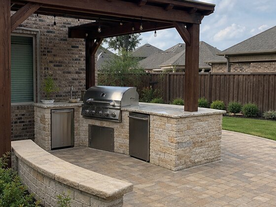 completed paver patio and outdoor kitchen in Firethorne Katy TX
