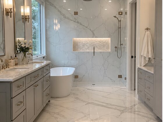 completed Calacatta primary bathroom remodel in Bunker Hill Memorial TX