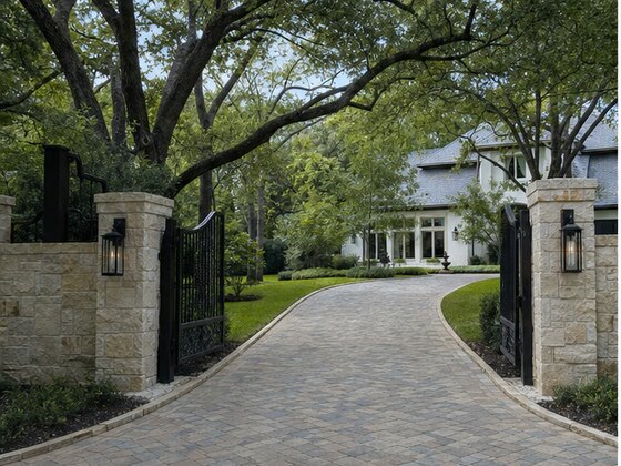 completed estate paver driveway with stone piers in Piney Point Memorial TX