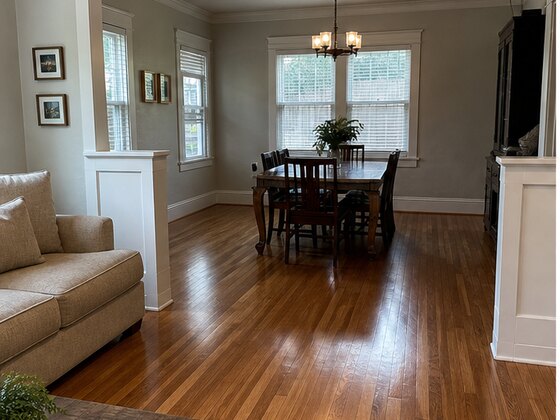 restored 1962 bungalow interior with oak floors in Old Town Pearland TX