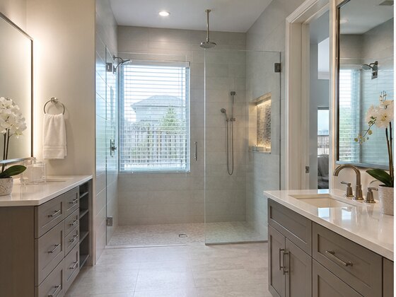 completed curbless shower and dual vanity remodel in Shadow Creek Ranch Pearland TX