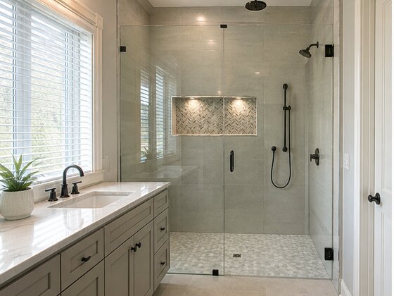 completed curbless primary bathroom conversion in Auburn Lakes Spring TX