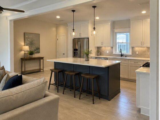 completed open kitchen and living remodel in Klein Spring TX ranch home