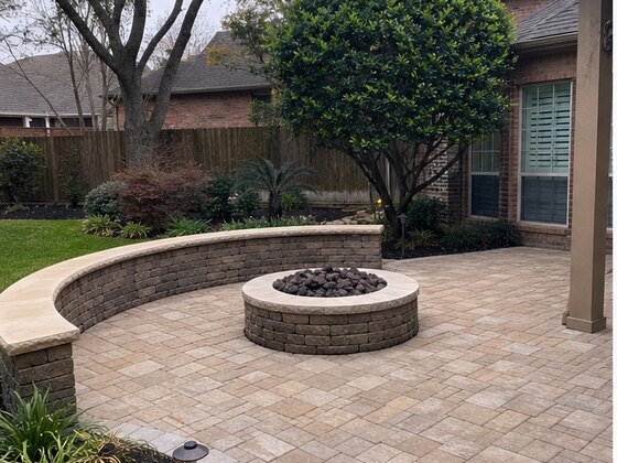 completed paver patio and fire pit in First Colony Sugar Land TX