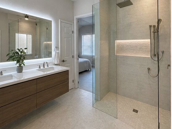 completed curbless primary bathroom remodel in Riverstone Sugar Land TX