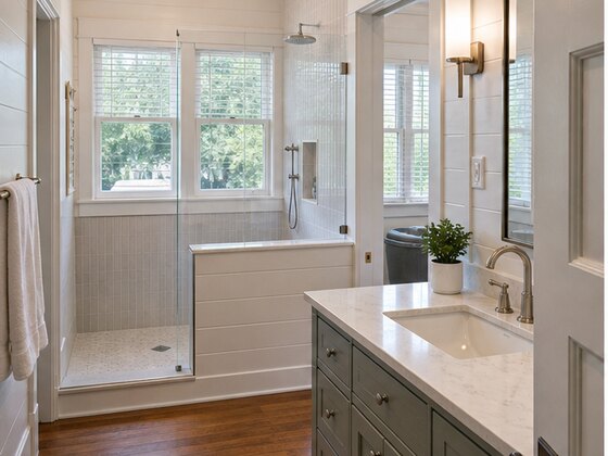 completed converted sleeping porch primary bathroom in Norhill Houston Heights TX