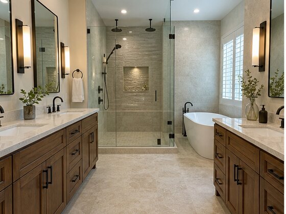 completed natural stone spa bathroom in Sterling Ridge The Woodlands TX